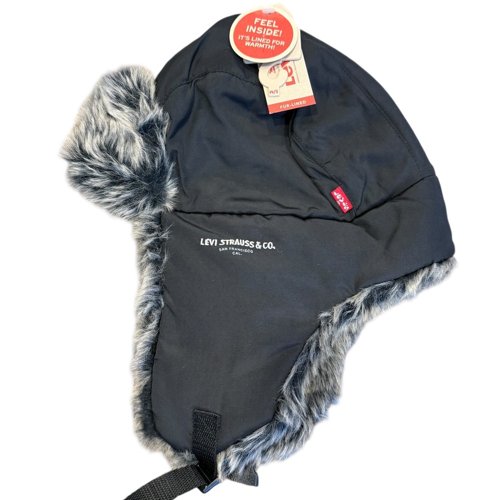 Levi Strauss & Co Trapper Hat Men S/M‎ Black NWT Faux Fur Lined Aviator Bomber